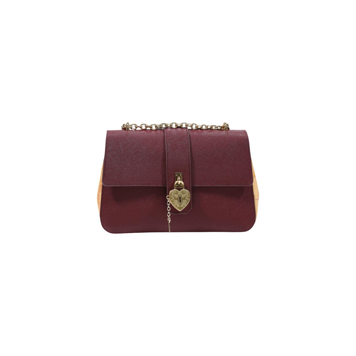 Borsa tracolla donna Alviero Martini Prima Classe L LG33 T407. Borsa da donna con dettagli mappa Geo sui lati, tracolla con catena oro, charm cuore e dimensioni 26x17x8 cm.