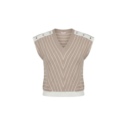 Liu Jo Gilet Maglia Geometrico beige; scollo a V, dettagli gold sulle spalle, tessuto 65% viscosa. Design ricercato e contemporaneo. Vista frontale Stesa