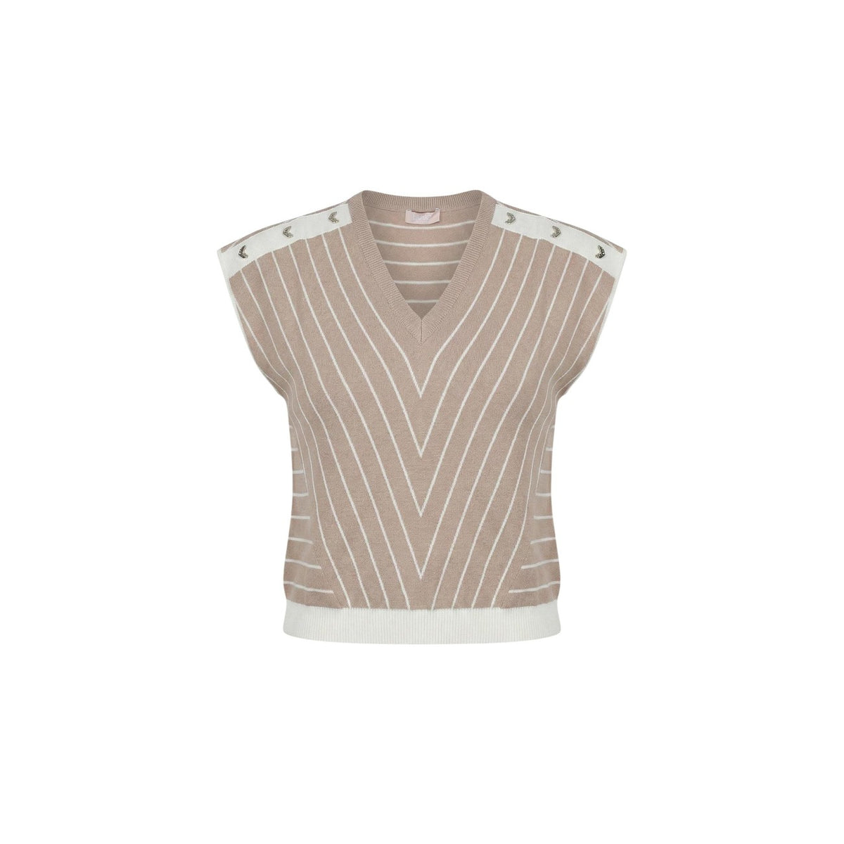 Liu Jo Gilet Maglia Geometrico beige; scollo a V, dettagli gold sulle spalle, tessuto 65% viscosa. Design ricercato e contemporaneo. Vista frontale Stesa