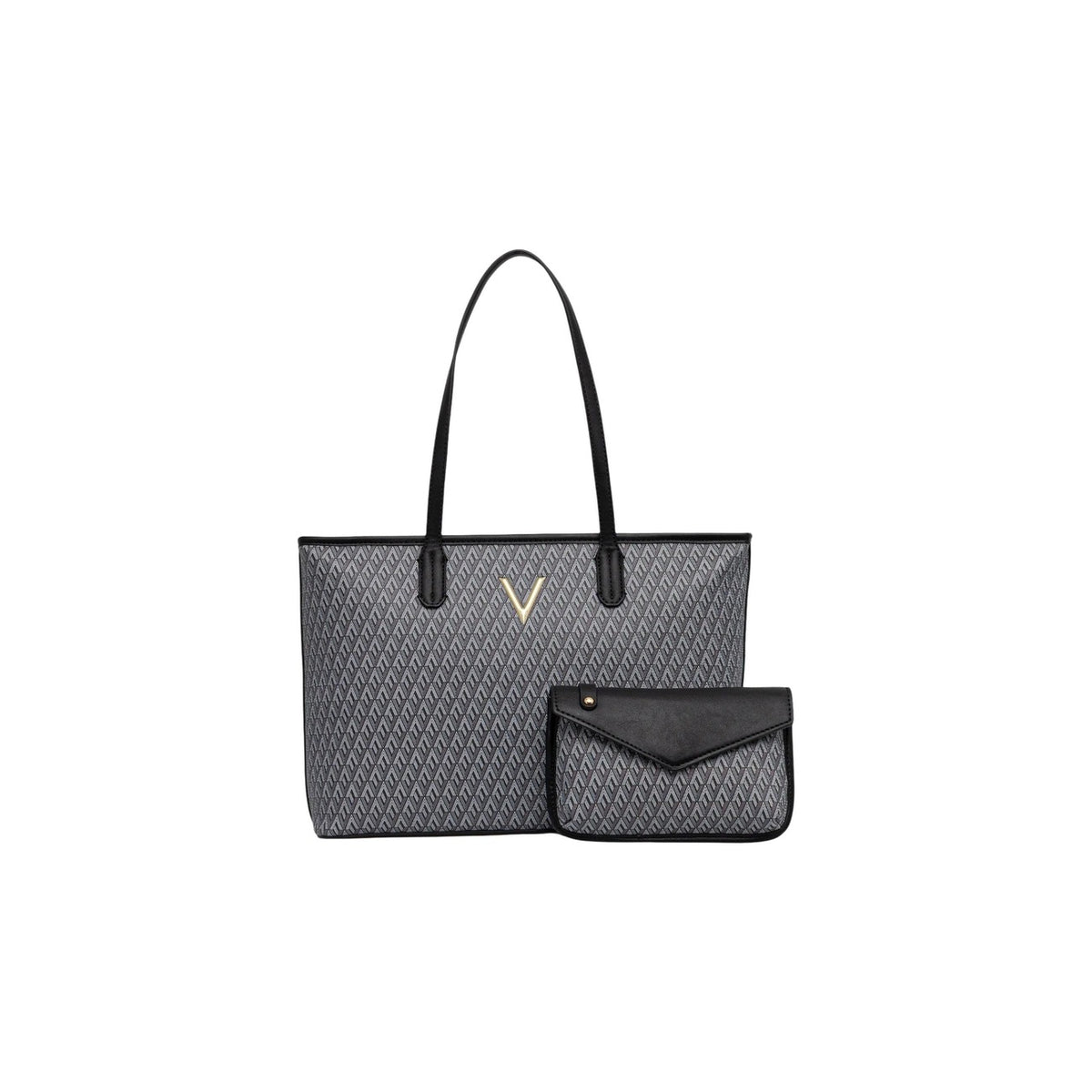 Valentino Bags Queen Re VBS9OX01, borsa nera shopping grande con pochette interna; stampa monogramma, chiusura con zip e finiture metalliche dorate, capiente e resistente. Vista frontale