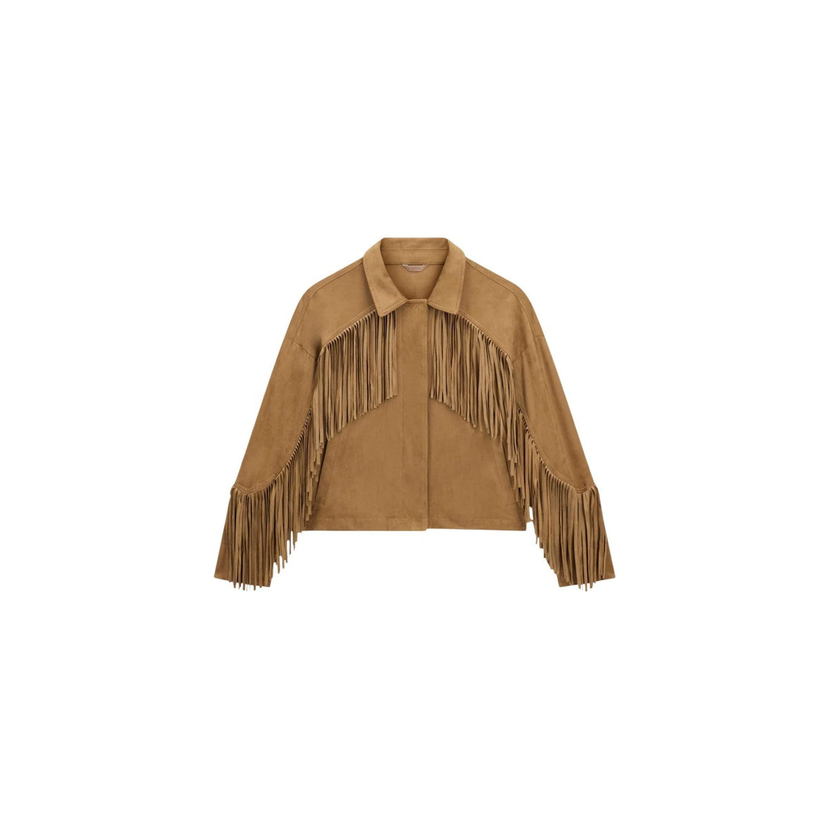 Giacca cropped Guess con frange; misto poliestere stretch, colletto classico, design dinamico. Stile audace e contemporaneo. Colore marrone chiaro