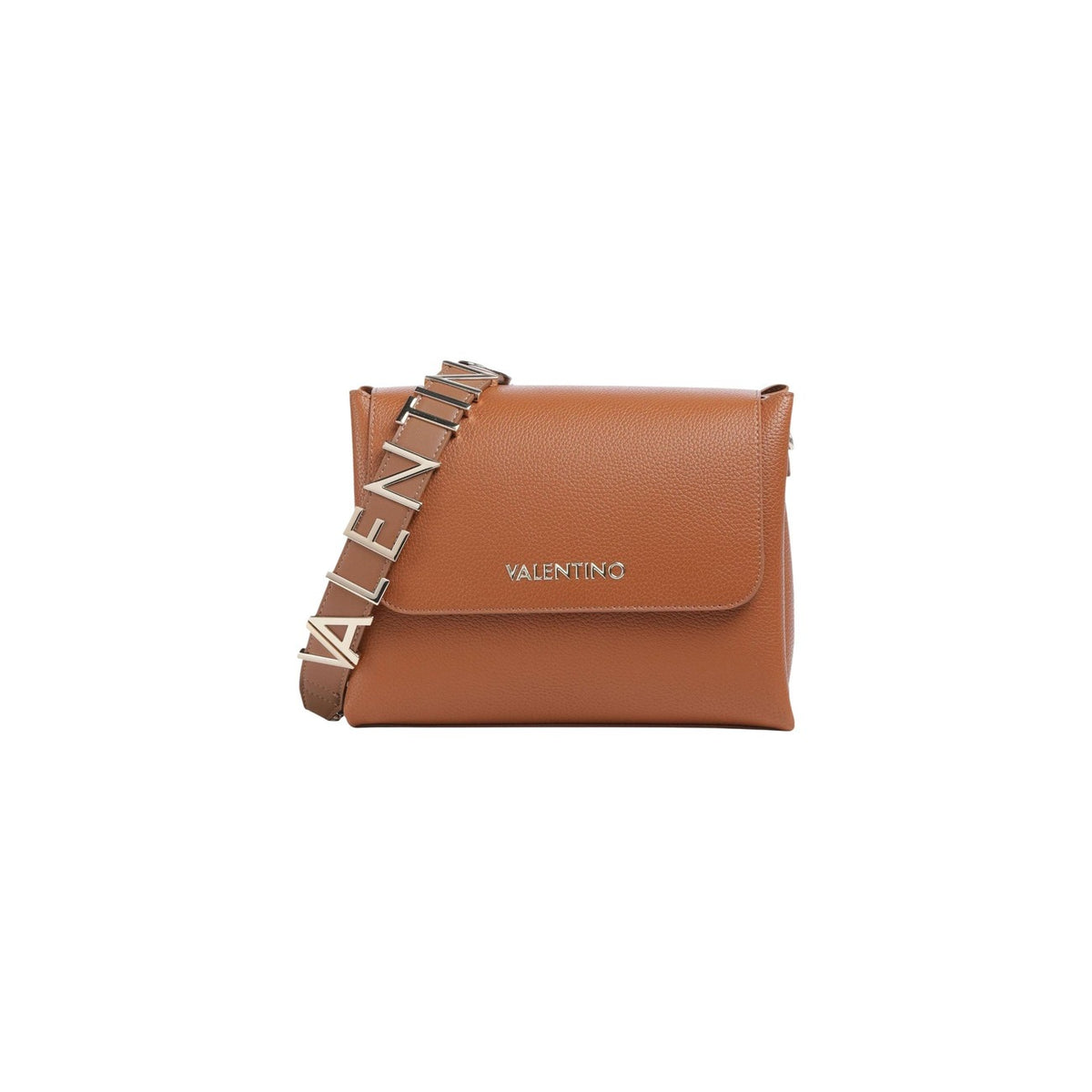 Borsa cuoio Valentino Alexia VBS5A803, chiusura a patta con logo e tracolla speciale con lettere iconiche; borsa media versatile con interno organizzato e finiture premium. Vista frontale