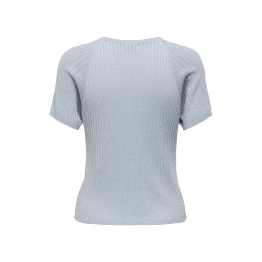 Maglia JDY Jdybodilla; 74% viscosa, 26% fibre sintetiche, effetto glitter. Lavorazione a costine, maniche corte, girocollo. Pullover leggero, morbido e luminoso, stile casual-chic. Colore azzurro. Vista posteriore