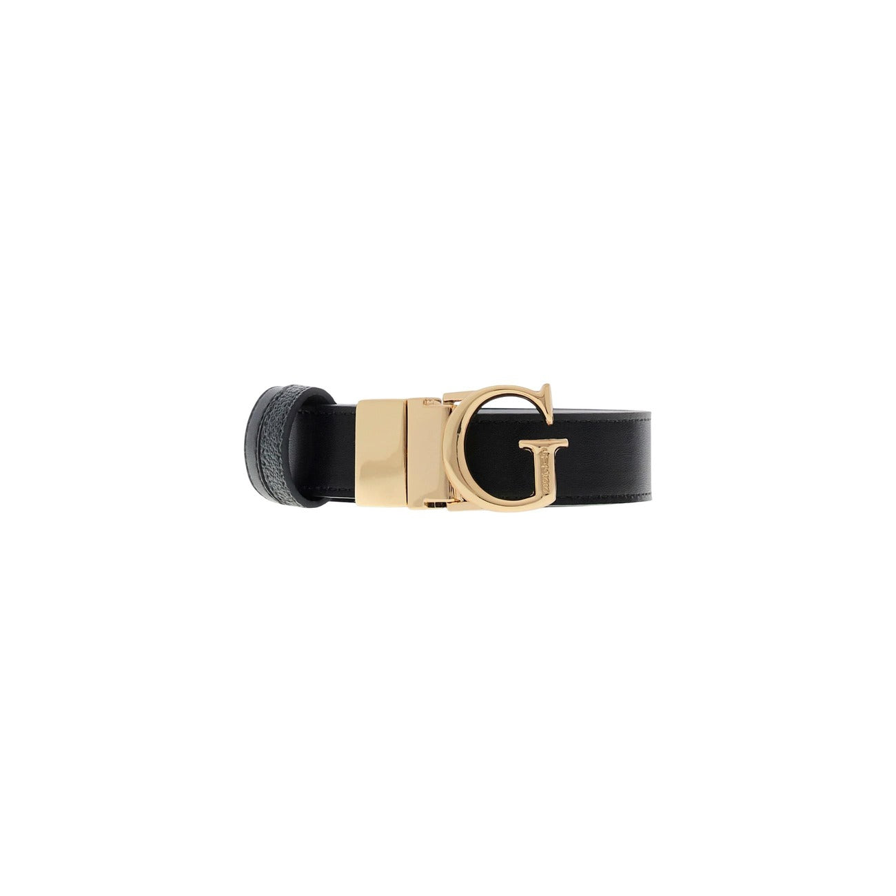 Guess Leona Logo; reversibile, altezza 2,5 cm, fibbia con logo G dorato. Cintura logata sottile per outfit raffinati. Colore nero.