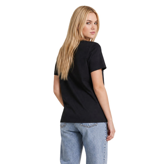 T-shirt Donna Nera Calvin Klein Jeans; 100% Cotone. Taglio classico regolare, maniche corte e scollo tondo. Stampa frontale con raffinata grafia logo a contrasto, tessuto leggero stile casual-urban. Vista posteriore