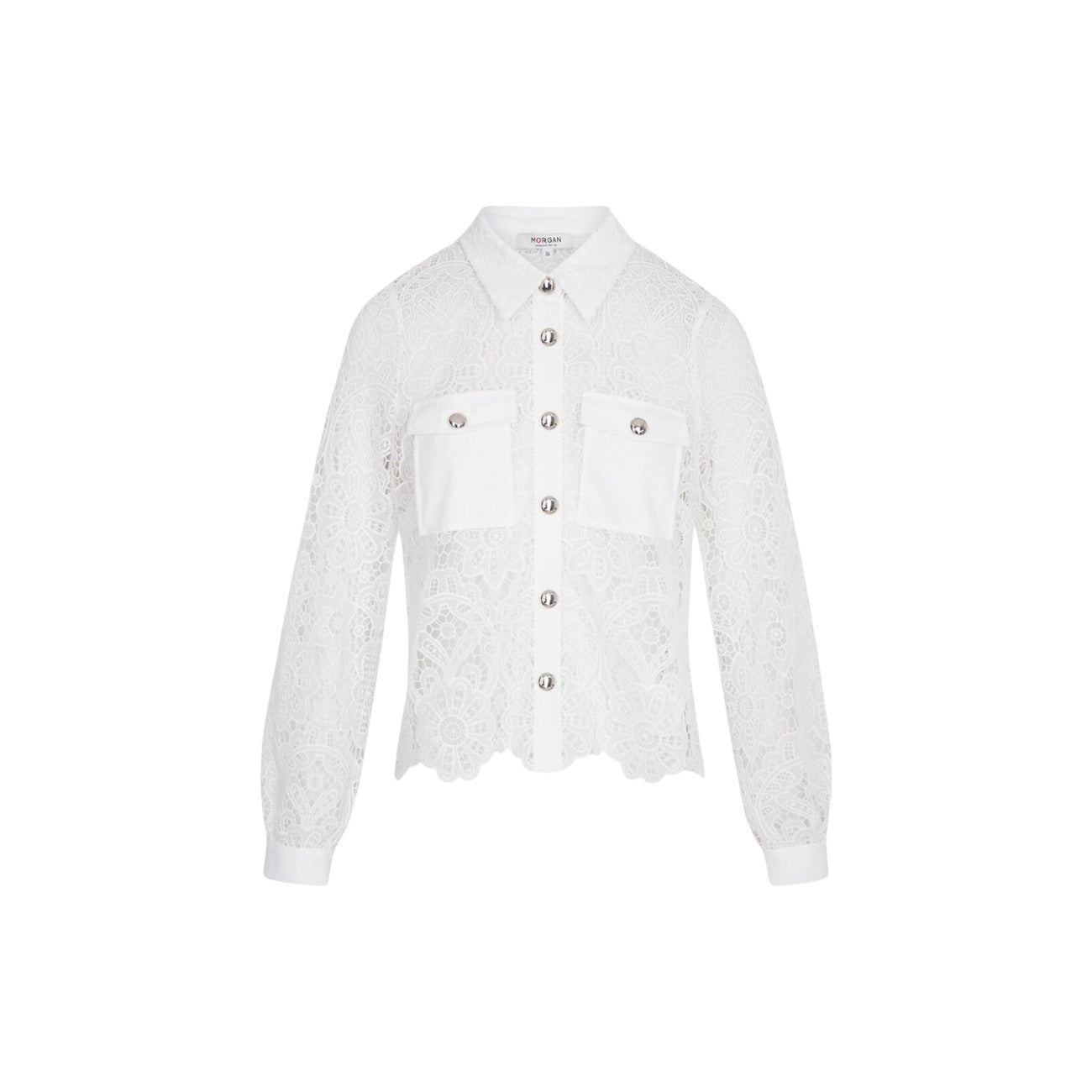 Camicia Morgan De Toi donna bianca con bottoni scollo tondo colletto classico tasche anteriori - vista frontale