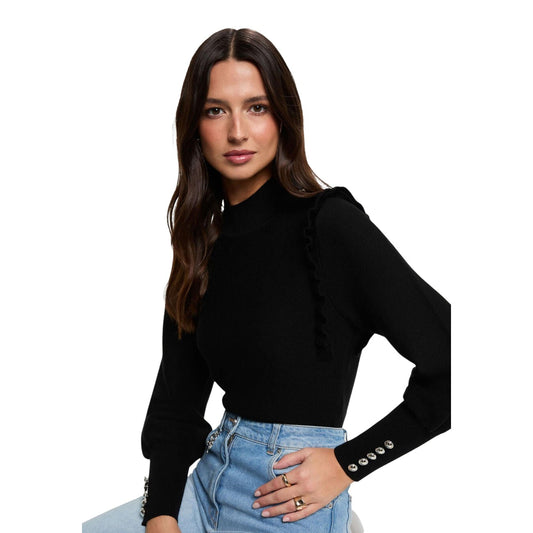 Maglione corto donna Morgan De Toi nero – Pullover collo alto bon ton con volant e bottoni 222-MGENEV.