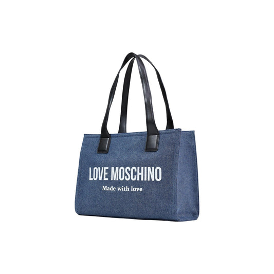 Borsa Love Moschino donna blu grande modello JC4056PP1. Shopping bag shopper in tela blu scuro con doppi manici a spalla effetto pelle, logo stampato bianco e scritta motto sul davanti, borsa da giorno per il lavoro e il tempo libero.