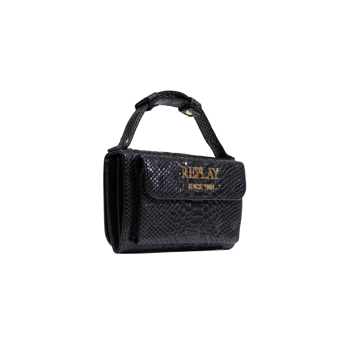 Replay Small Bag FW5387; effetto pitone, logo in metallo, manico rigido e tracolla. La borsa sofisticata e grintosa per uno stile contemporaneo. Colore nero vista frontale Laterale