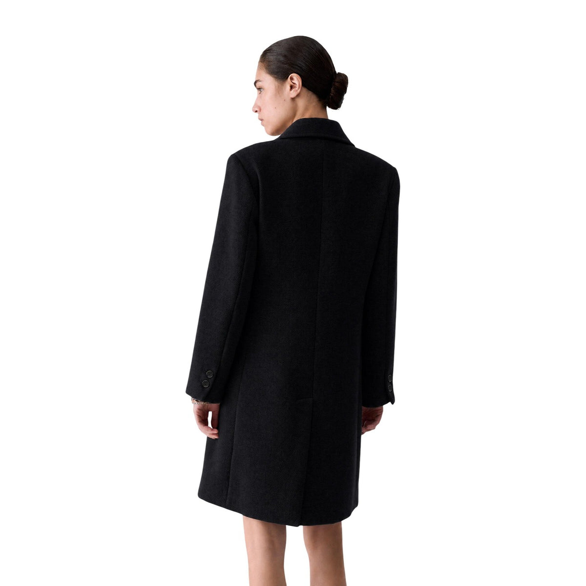 Cappotto nero donna misto lana Liu Jo COAT WF6412 T720A. Cappotto sartoriale nero a doppio petto sagomato con collo alto e bottoni metallici.