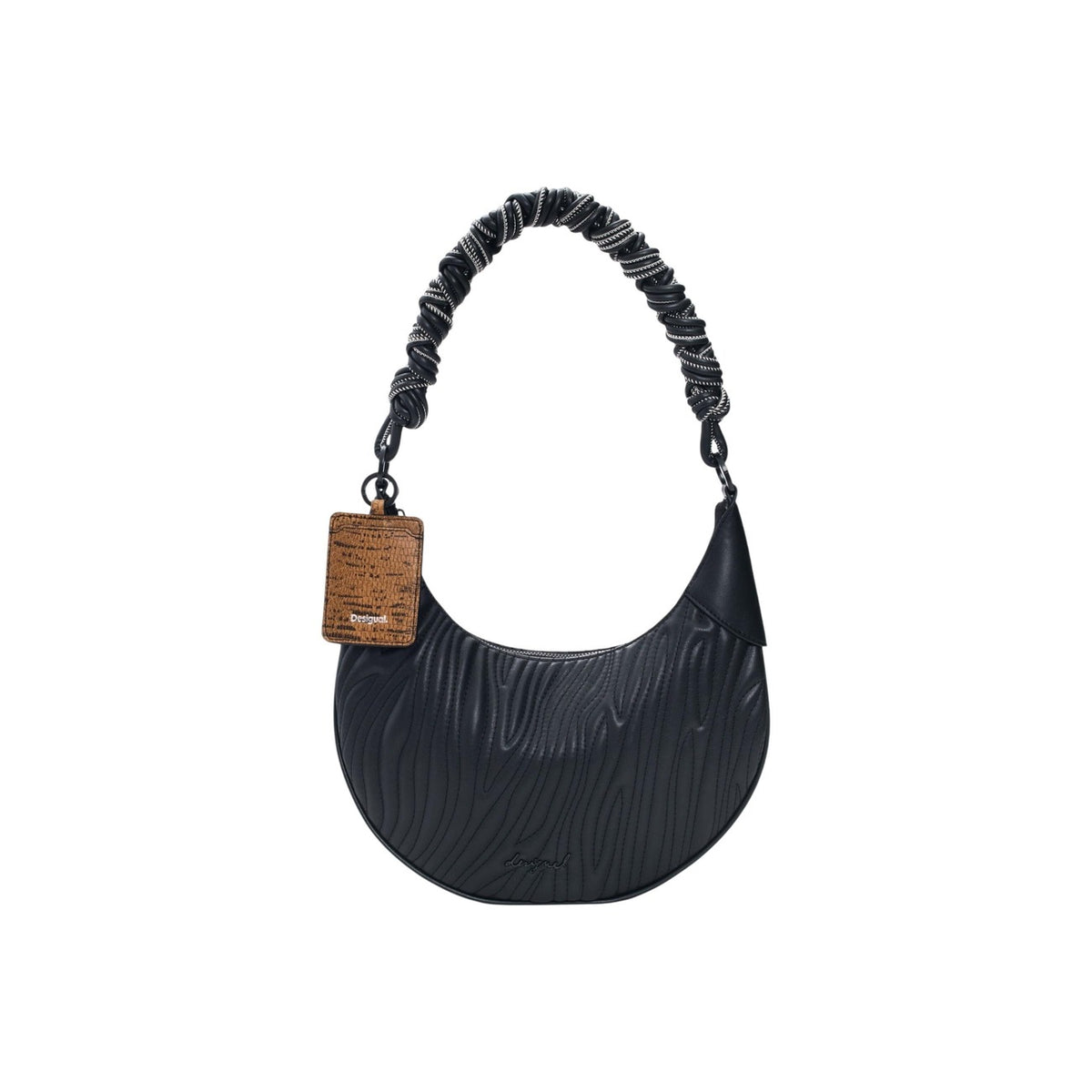Borsa nera di forma ovale, con tracolle intercambiabili, stampa in rilievo e dettaglio di charm con porta carte. Vista frontale