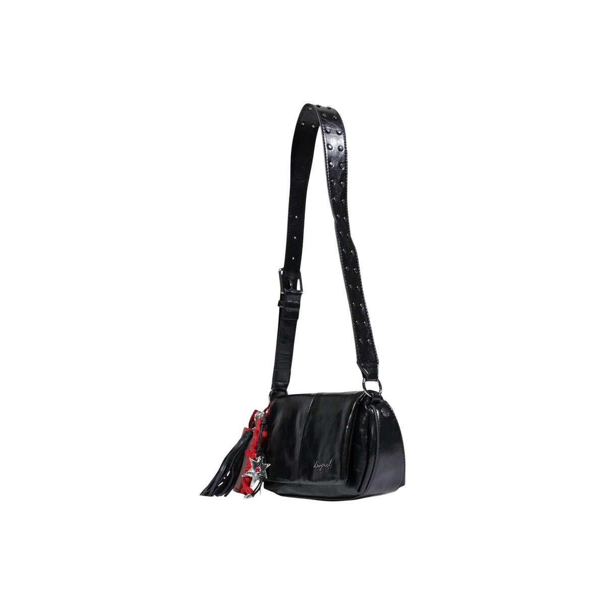 Borsa piccola in tessuto effetto pelle con finitura lucida, chiusura a patta magnetica e cerniera e portachiavi rimovibile.
Vista frontale laterale con tracolla