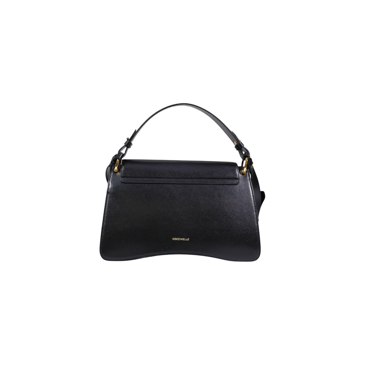 Borsa Coccinelle C-Me Calf Nera; 100% Vera Pelle. Chiusura magnetica, interno a soffietti, tre scomparti, dettagli gold. Borsa a mano e tracolla donna, design premium. Vista posteriore