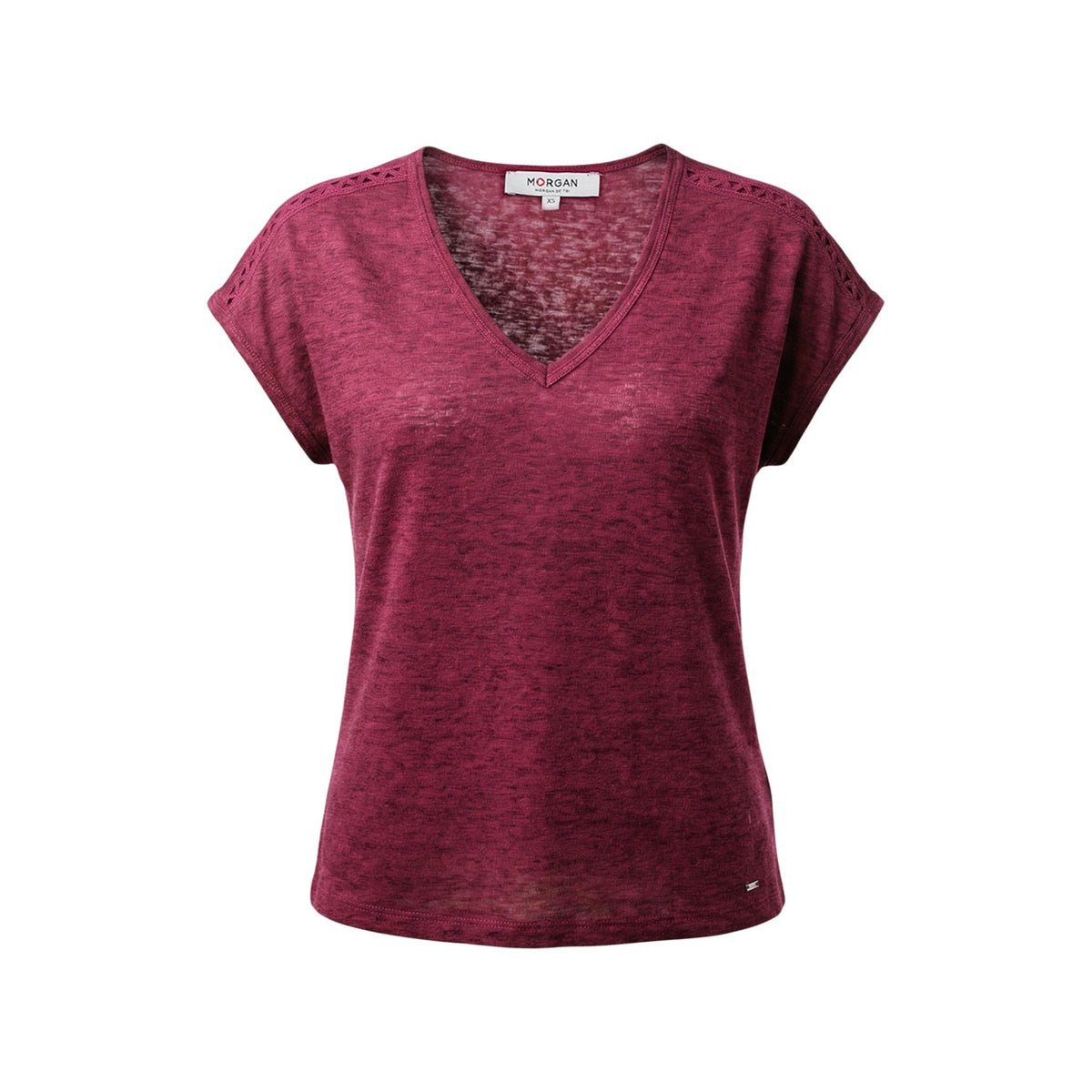 T-shirt Morgan De Toi Viola; 53% Poliestere Riciclato, 47% Viscosa Sostenibile. Scollo a V, fantasia melange, vestibilità morbida. Tessuto leggero e traspirante, stile casual-raffinato. Vista stesa