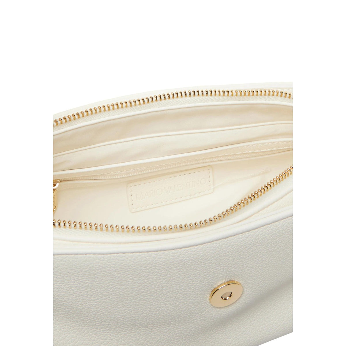 Borsa Piccola Bianca Donna Valentino Bags Dea; Misure 10x16x8 cm. Tessuto 100% poliuretano con chiusura a patta e cerniera interna. Doppia tracolla rimovibile con borchie e logo in metallo dorato lucido, stile elegante 4 stagioni. Vista aperta