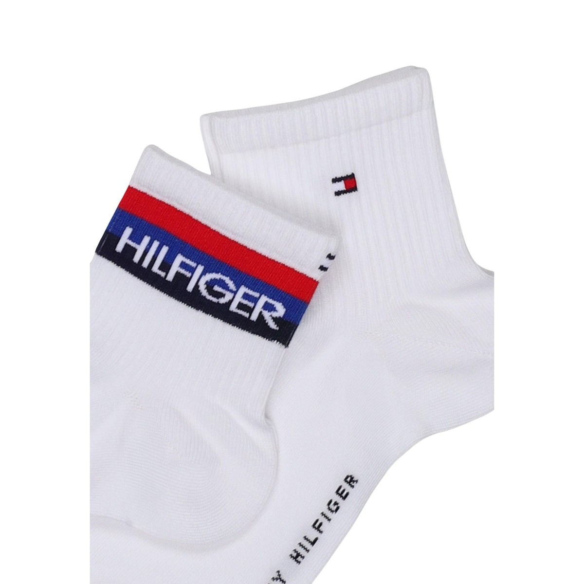 Calzini bianchi Tommy Hilfiger TH Men Quarter 2P Sport, misto cotone traspirante con logo ricamato e scritte distintive; pack da 2 paia con rinforzo su tallone e punta. Vista frontale dettaglio