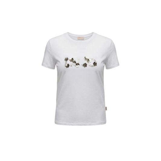 T-shirt donna Liu Jo cropped bianca in 100% cotone; logo frontale impreziosito da paillettes e micro strass luminosi. Taglio corto e maniche corte. Vista frontale stesa