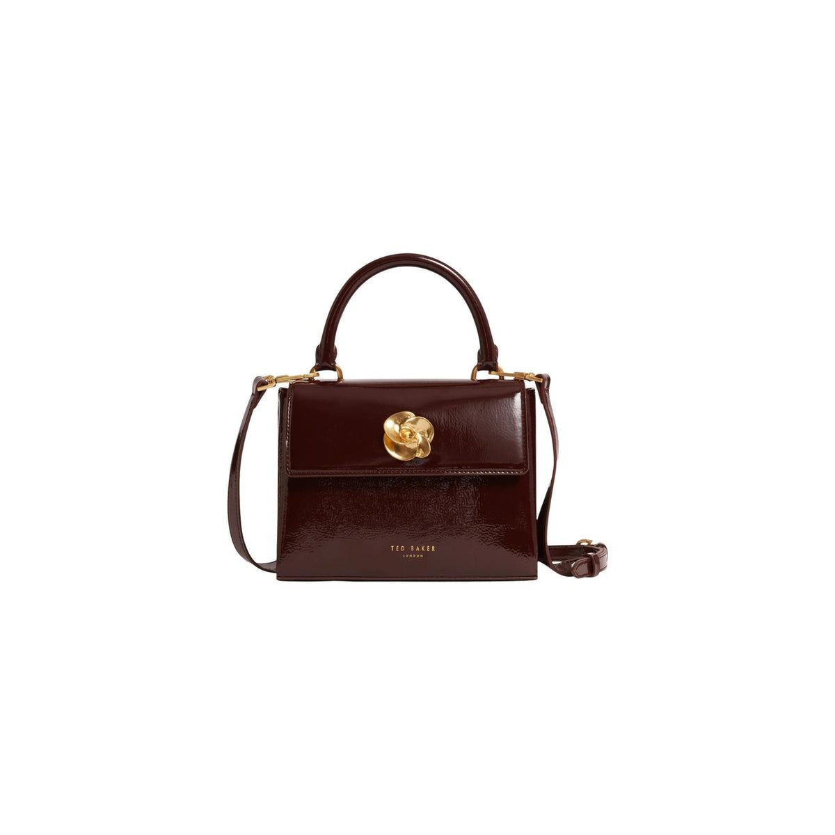Ted Baker Rose Detail Mini Bag; borsa compatta effetto crinkle con chiusura a rosa gold. Realizzata in materiali riciclati, elegante e versatile per occasioni speciali. Vista frontale