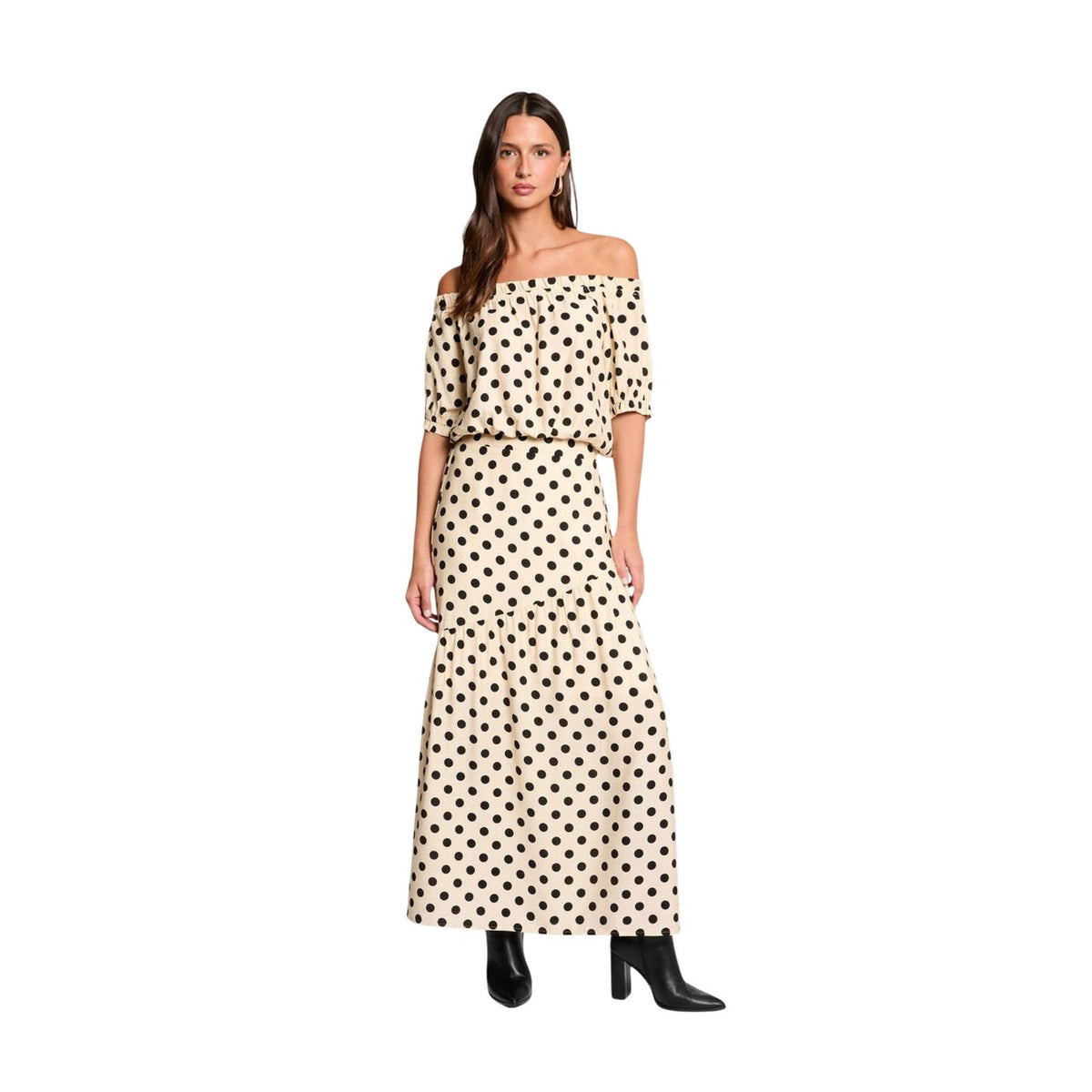 Blusa Morgan De Toi Ovita; motivo a pois, scollo off-shoulder elastico, maniche corte. Misto viscosa leggera, stile retrò-chic, vestibilità fluida. Vista frontale