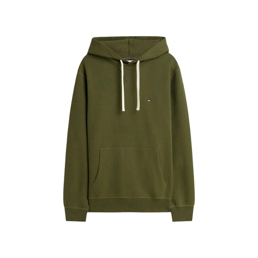 Felpa Tommy Hilfiger uomo verde con cappuccio MW0MW39997. Felpa in misto cotone spazzolato effetto manopesca con tasca a marsupio frontale, coulisse a contrasto e logo ricamato, abbigliamento uomo autunno inverno.