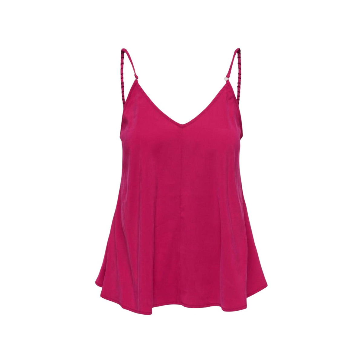 Canotta Only Madeli Oaklyn; fucsia , 85% Viscosa e 15% Poliestere. Scollo a V profondo, spalline sottili regolabili, tessuto leggero e fluido. Perfetta per il layering o da indossare da sola. Vista frontale Stesa
