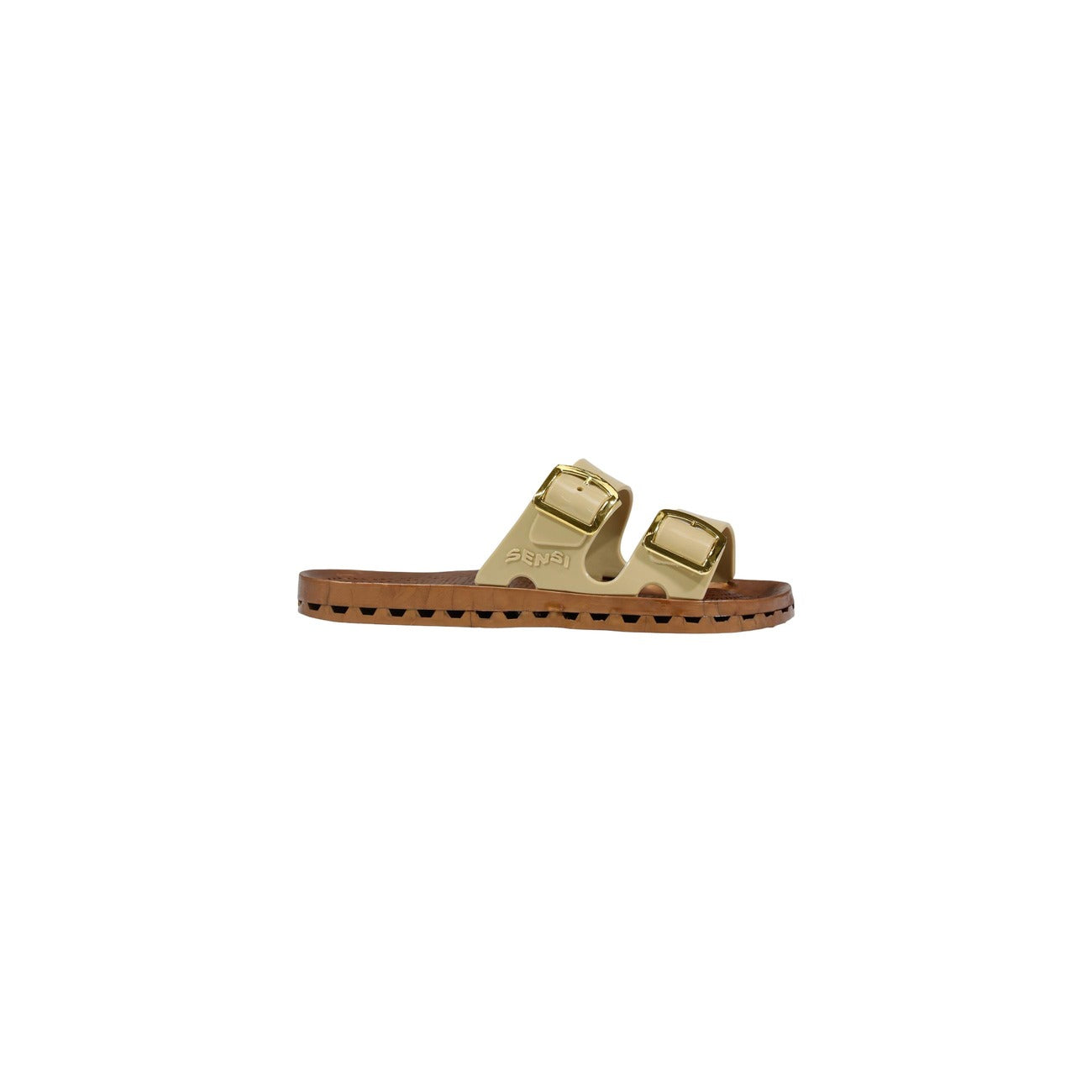 Ciabatte Sensi La Jolla Prestigio; 100% PVC. Doppia fibbia lucida regolabile, suola traforata drenante, plantare ergonomico. Leggere, lavabili e ultra-traspiranti. Stile chic per mare, spa e casa. Beige