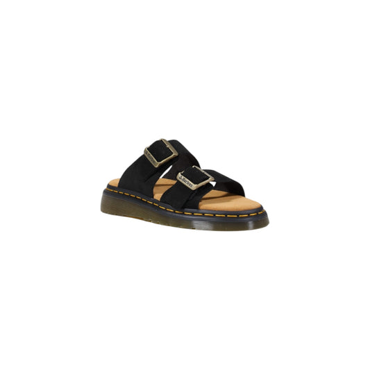 Sandali Dr. Martens Josef; Nero. 100% Pelle scamosciata morbida, doppia fibbia regolabile, cuciture gialle iconiche. Resistenti, comodi e pronti per l'estate. Frontale laterale