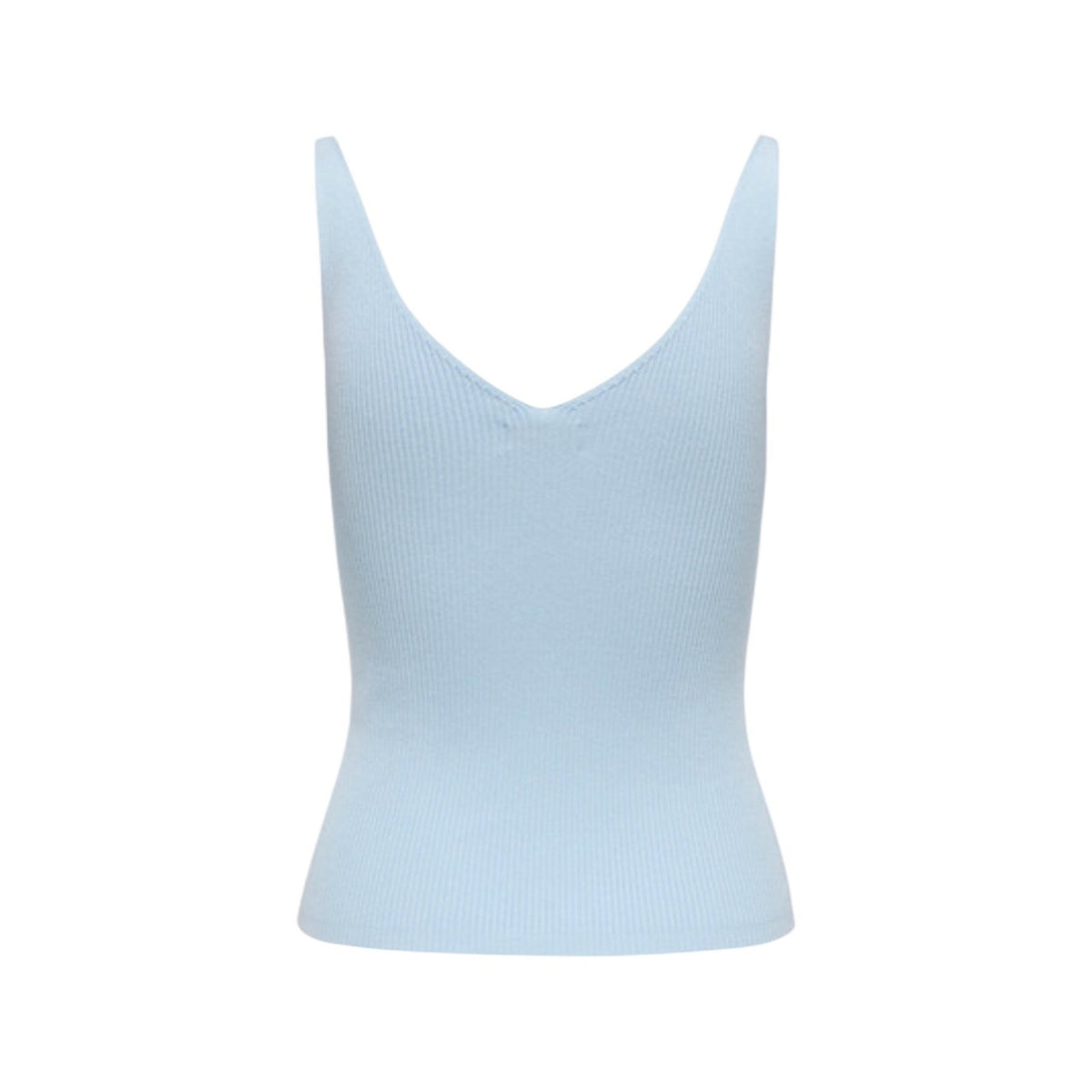 Canotta azzurra Jacqueline De Yong azzurra, scollo a V, 80% viscosa e 20% nylon; top estivo smanicato con vestibilità confortevole, lavabile a macchina a 30°. Vista frontale Stesa