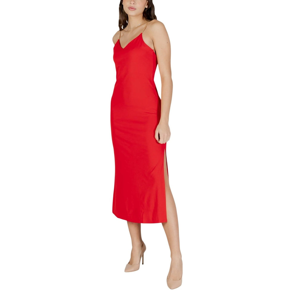 Abito Morgan De Toi donna rosso lungo con spalline scollo a V 96% poliestere 4% elastan - vista frontale indossata da modello figura intera