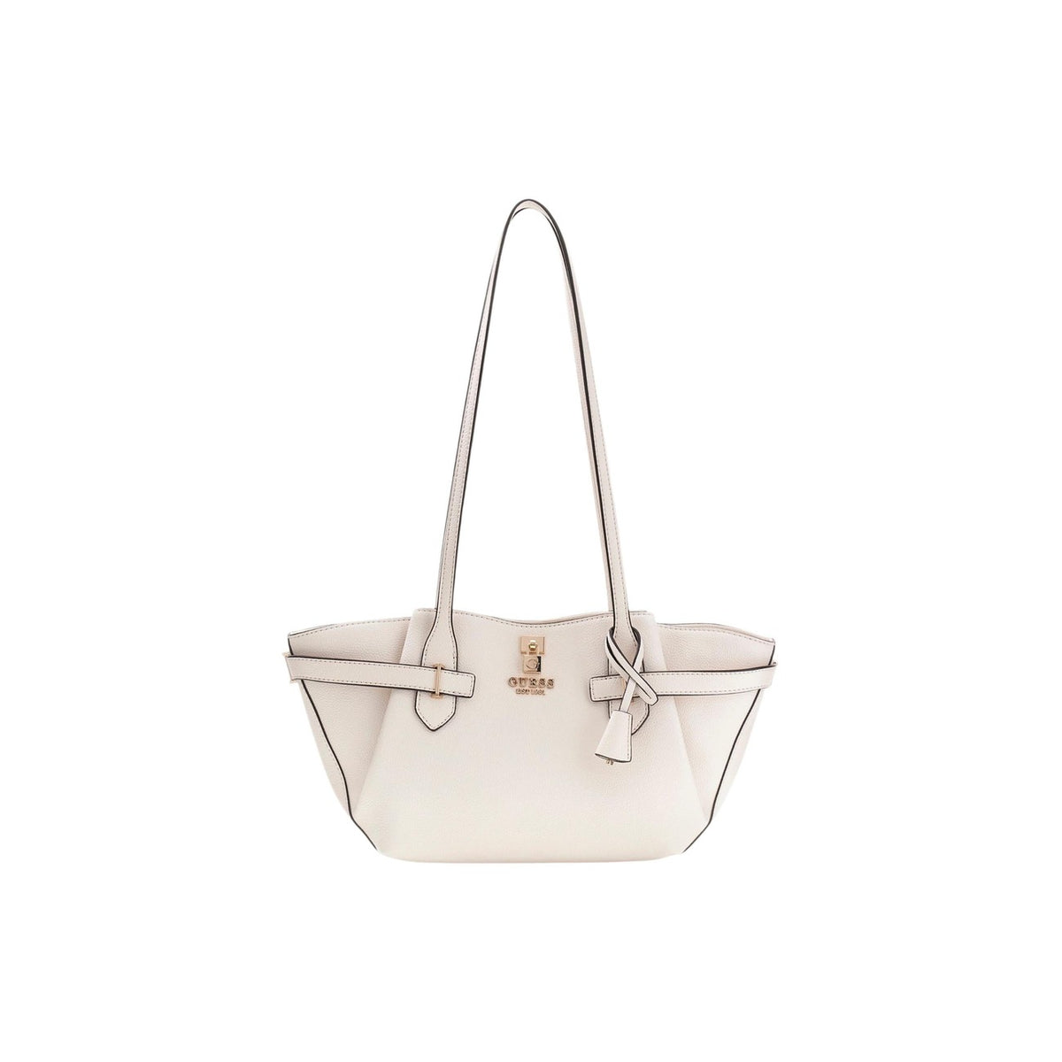 Borsa bianca a spalla Guess Yesba, similpelle Saffiano con dettagli oro e chiusura a zip; borsa strutturata con interno organizzato e logo in metallo dorato. Vista frontale