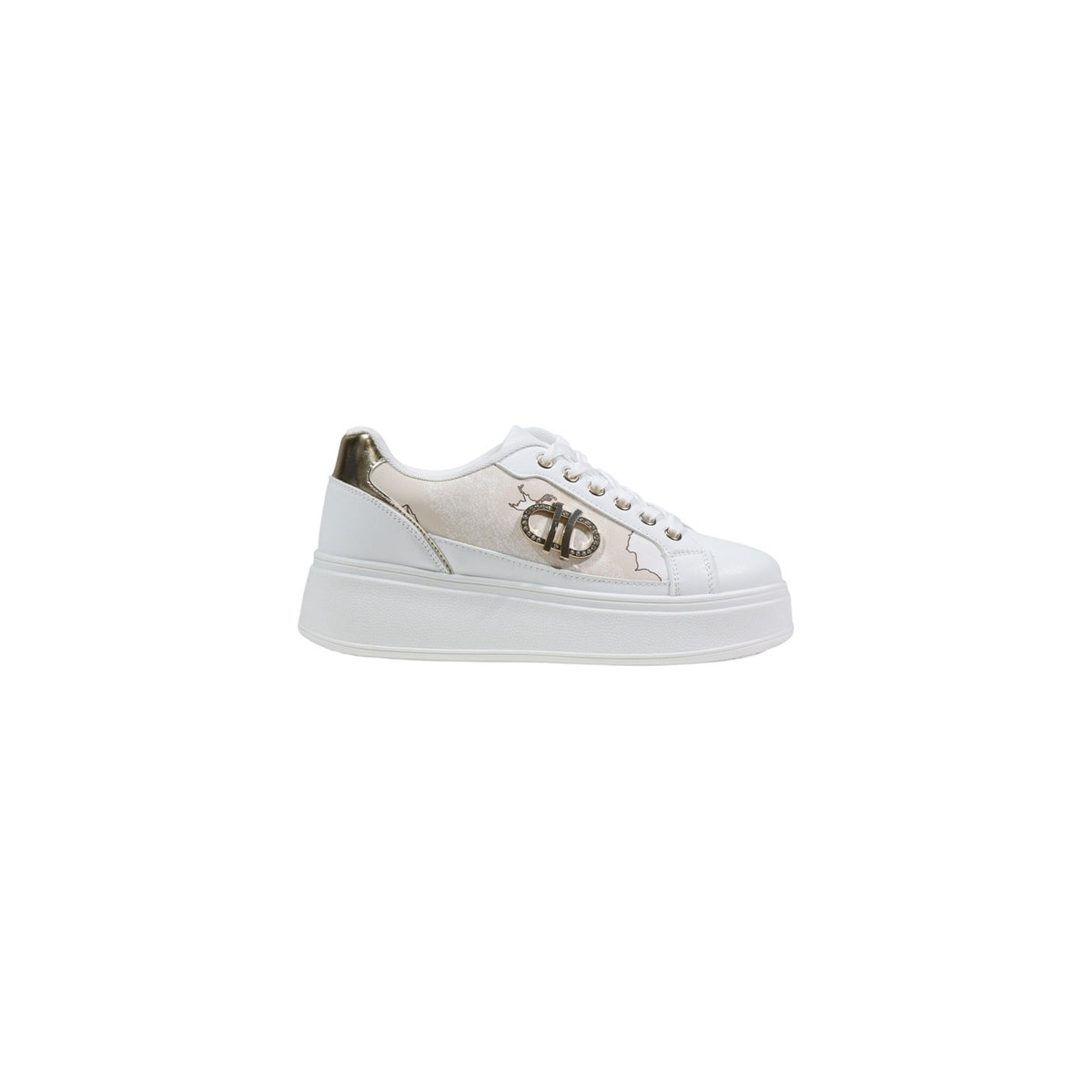Sneakers Alviero Martini Platform; stampa Geo, dettagli metallici, inserto tallone, suola rialzata. Il must-have urbano firmato 1ª Classe. Vista laterale