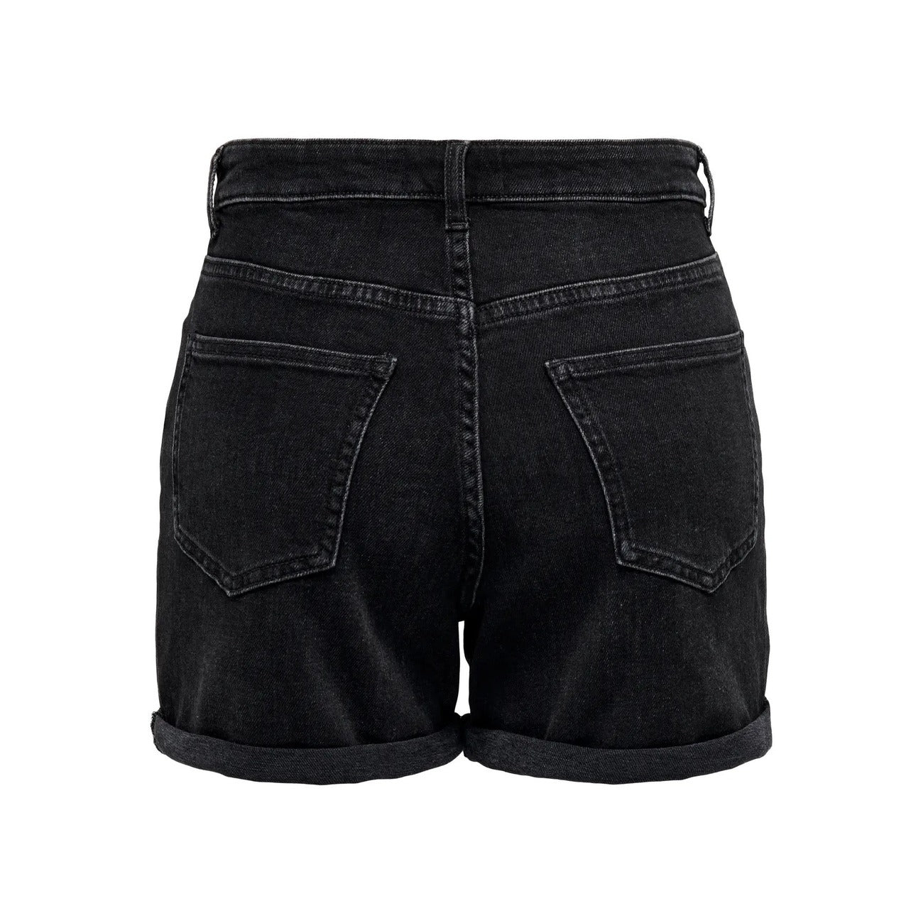 Bermuda Jeans Donna Nero Lavato Only; Pantaloncino lungo regular fit in cotone denim stretch con orlo risvoltato e passanti per cintura. Modello cinque tasche, stile casual e grintoso per la primavera e l'estate. Posteriore stesa