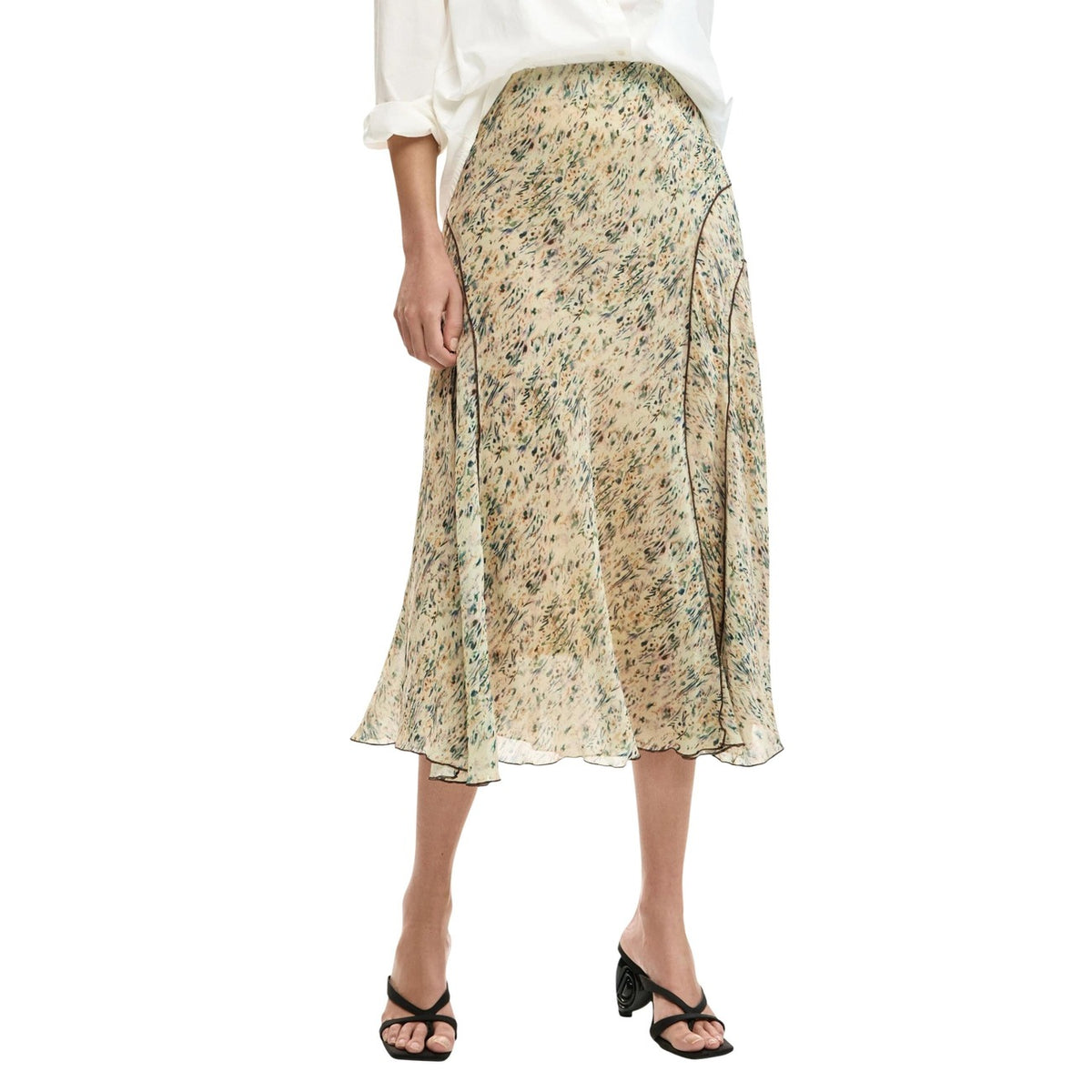 Gonna Midi Desigual PE26; stampa marmorizzata, dettagli floreali, profili a contrasto, chiusura zip. Il tocco fluido e sostenibile per ogni occasione.