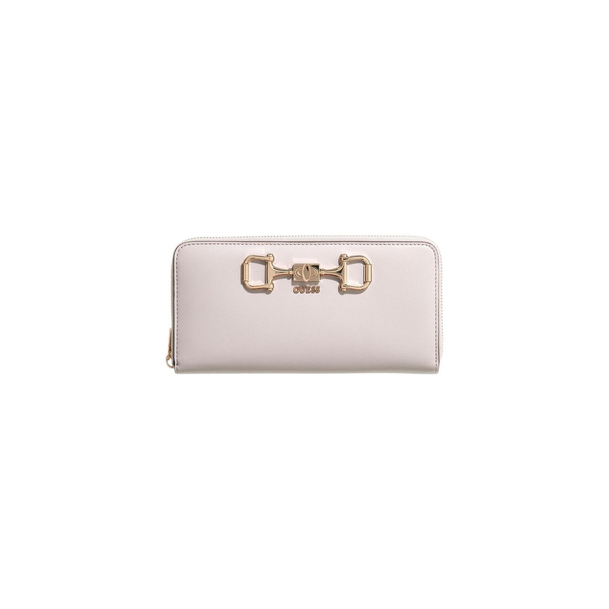 portafoglio grande Guess Janie con logo e chiusura a zip, in poliuretano liscio di colore Rosa chiaro vista frontale