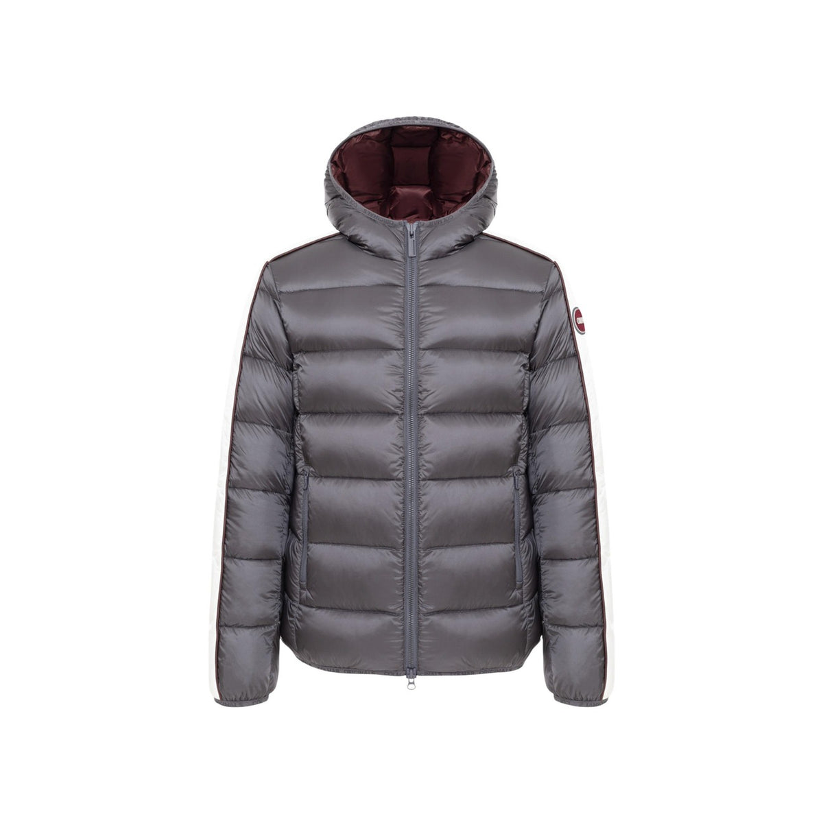 Piumino Colmar uomo grigio Heritage. Giaccone invernale bicolore idrorepellente con cappuccio, imbottitura in piuma d'oca naturale certificata RDS, tessuto riciclato e patch logo Colmar in feltro.
