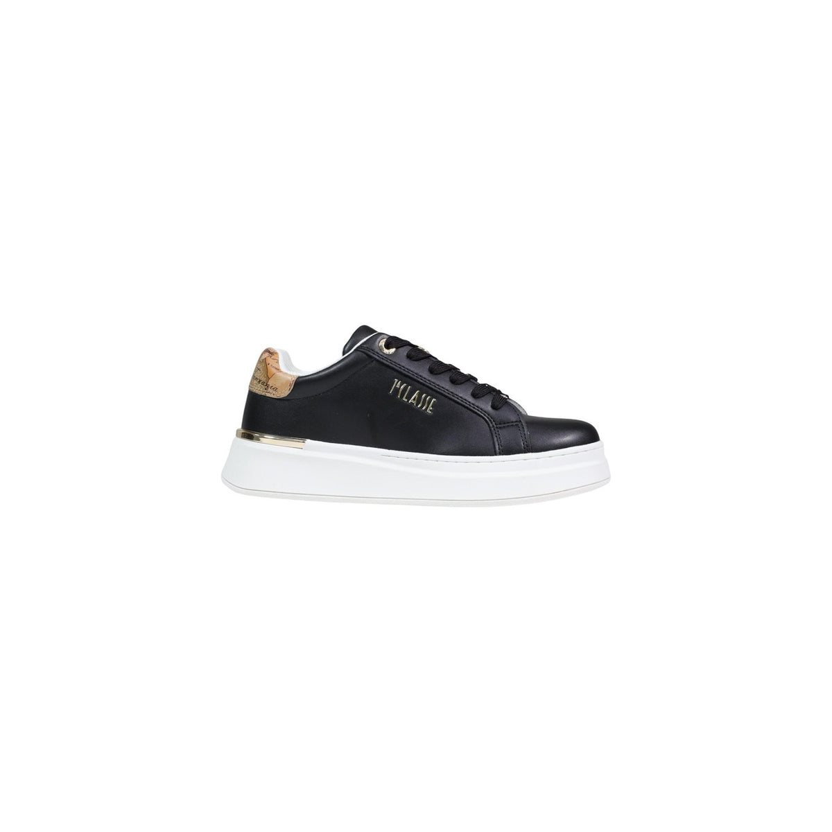 Alviero Martini Sneakers Mappa Geo; 100% poliuretano, suola spessa, dettagli metallici. L'iconica eleganza Prima Classe per il tuo stile quotidiano. Colore nero. Vista laterale