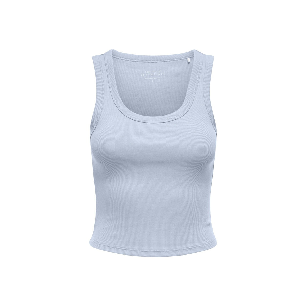 Canottiera azzurra cropped a costine con scollo a U, modello tight fit senza maniche, stile basic intramontabile.