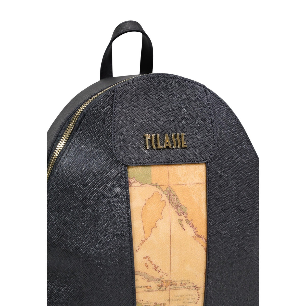Zaino Alviero Martini LE52 con inserto Geo e dettagli in oro lucido; zainetto in materiale tecnico con chiusura a cerniera e interni capienti, stile urban-chic. Dettaglio logo