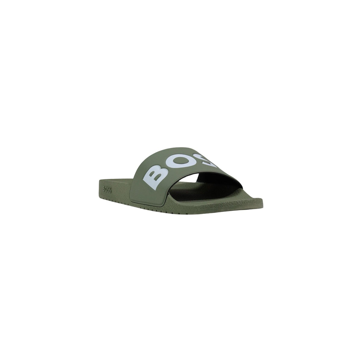 Boss Ciabatte Uomo 50536835; colore verde, 100% PVC, Made in Italy. Slide iconiche resistenti all'acqua con logo a contrasto. Vista frontale