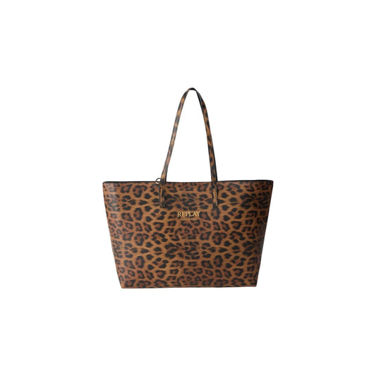 Shopper Replay Reversibile; Effetto Suede e Animalier. Include pochette interna con zip, doppi manici e lettering Replay. Dimensioni 35x27x12 cm. Borsa shopper versatile per shopping e tempo libero. Vista frontale