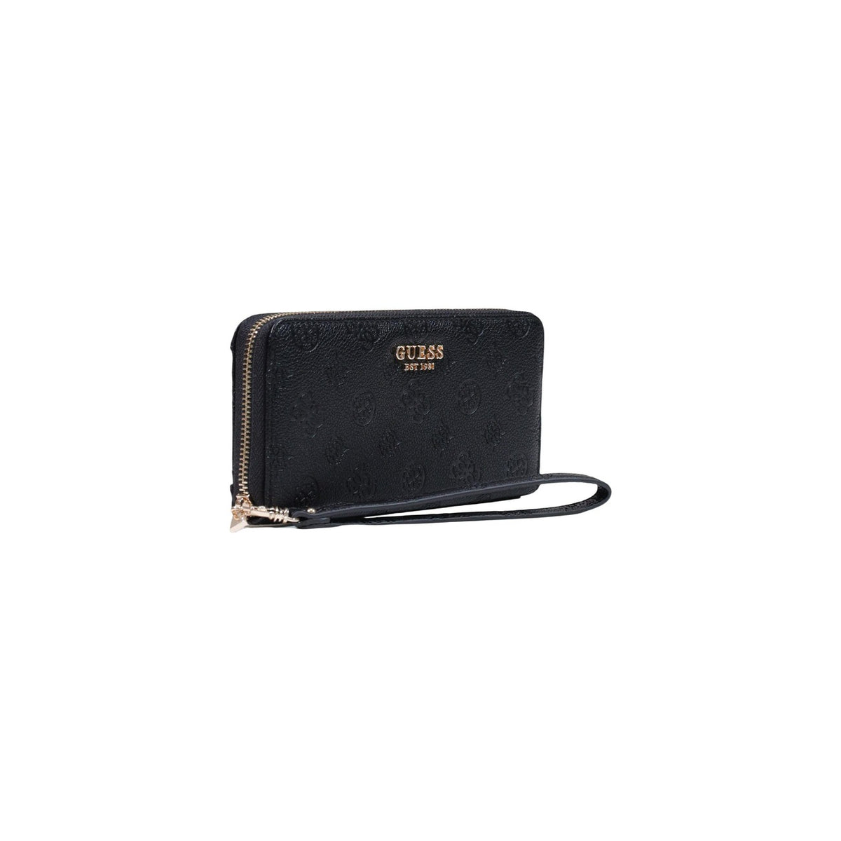 Portafoglio Guess donna nero grande modello SWPD97 46146. Portafogli rettangolare con cerniera perimetrale in ecopelle nera logata in rilievo, dotato di scomparti interni per carte e monete, logo dorato e laccetto da polso, stile elegante.