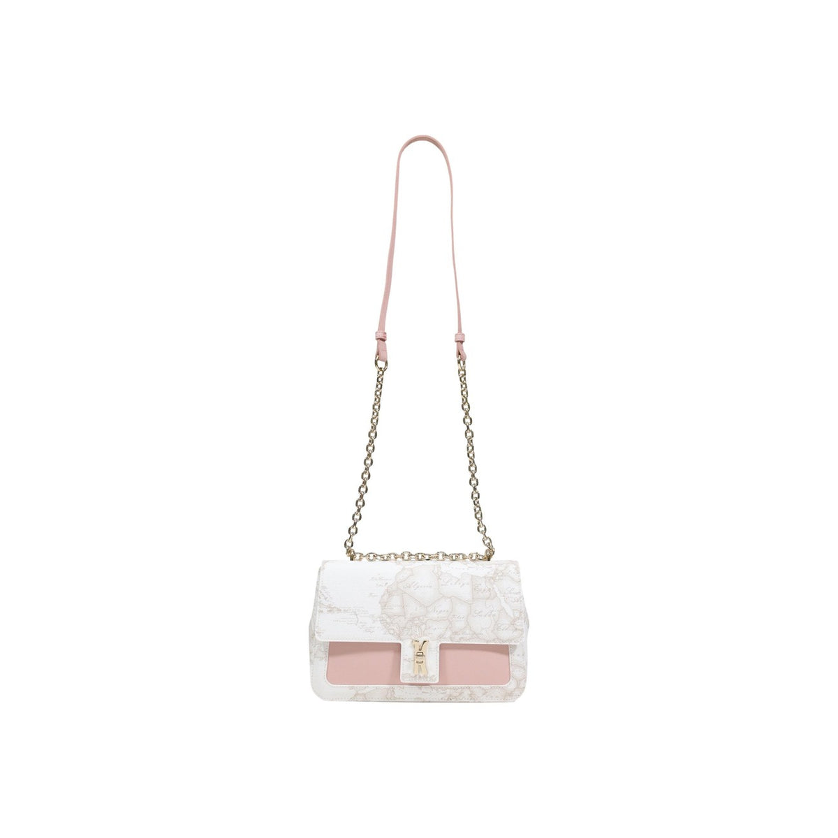 Borsa a tracolla Alviero Martini LF02, stampa Geo Classic e catena dorata; borsa media da donna con chiusura a scatto e interni organizzati, collezione Prima Classe. Vista frontale con tracolla