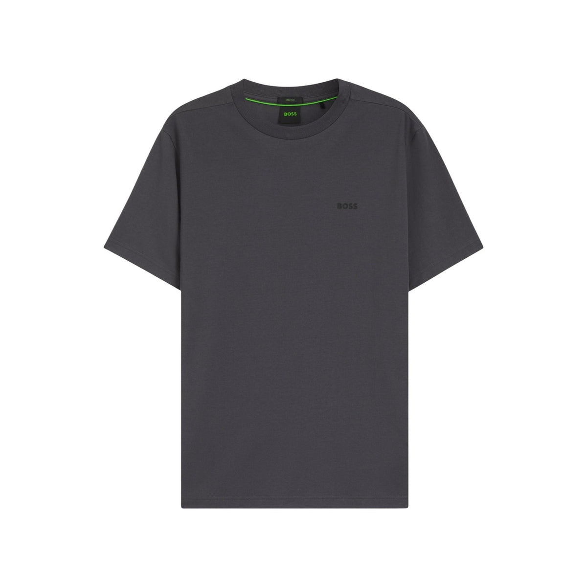 Boss Tee Uomo; cotone 95% e 5% elastan, logo ricamato, scollo tondo. Tessuto elasticizzato e traspirante, vestibilità perfetta, design senza tempo. Alta qualità Boss. Colore grigio vista frontale Stesa