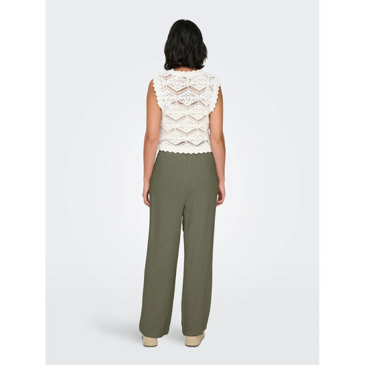 Pantaloni dritti Only donna verde 15322263. Pantaloni estivi in lino e viscosa verde con fascia elasticizzata in vita, coulisse con lacci e tasche laterali, pantaloni casual traspiranti primavera estate.