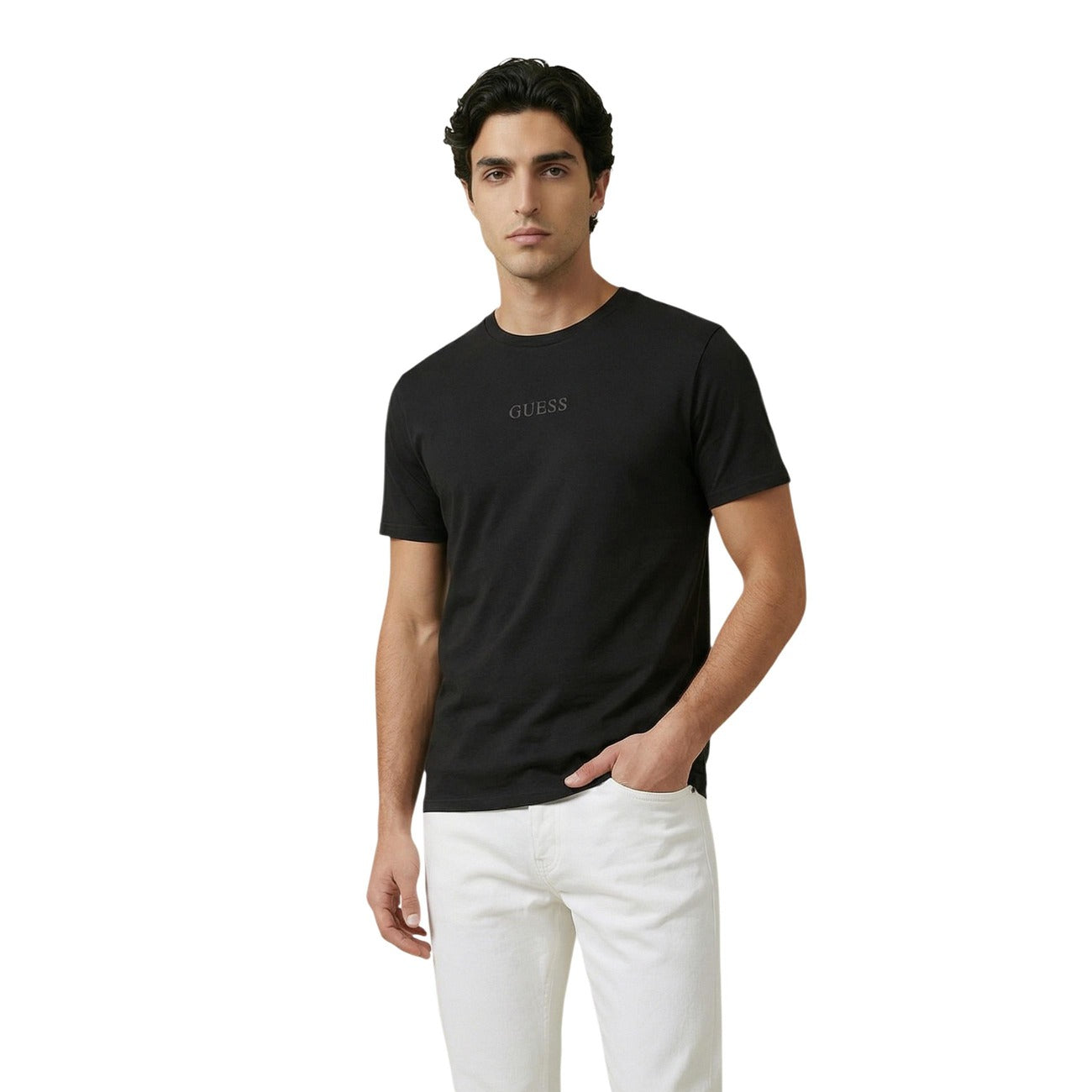 T-shirt uomo Guess modello SS BSC QUATTRO G MIST TEE nera in cotone 100% a maniche corte con stampa logo