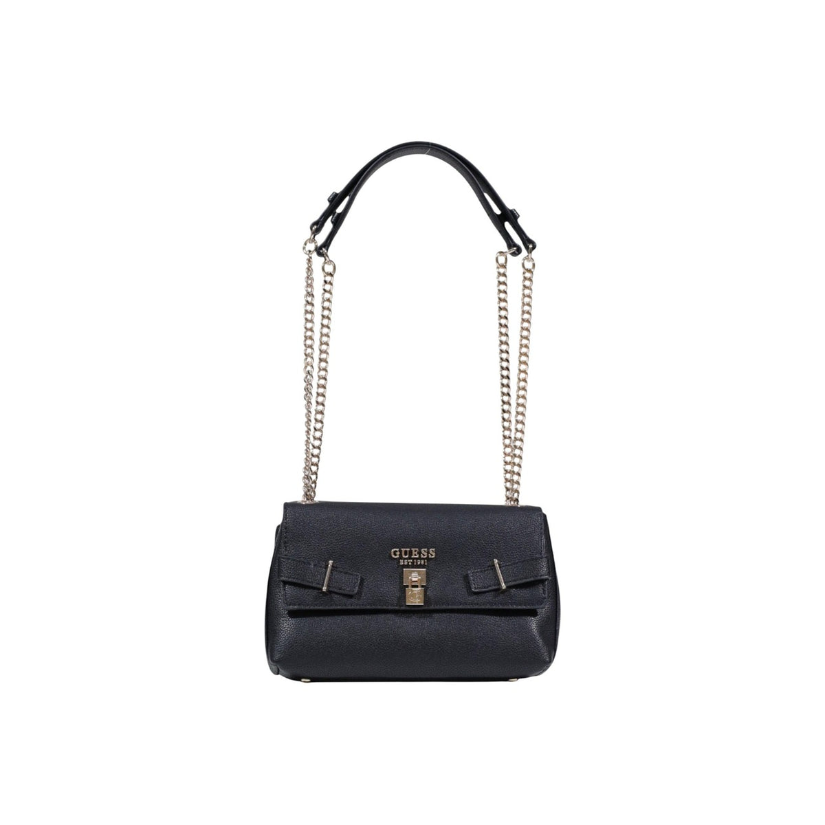 Borsa Guess Yesba Convertible Xbody; 100% Poliuretano. Chiusura con patta e fibbia, dettagli metallici, tracolla removibile. Borsa media elegante, versatile e sicura. Colore nero. Vista frontale Con tracolla