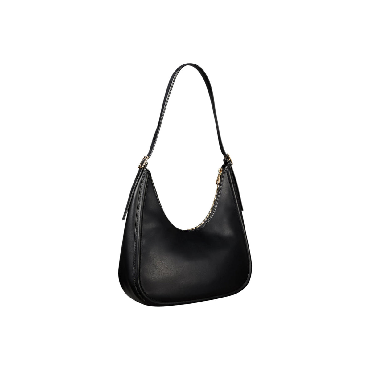 Borsa Mezzaluna Calvin Klein Bold; Nero. 100% Poliuretano morbido, stile hobo a spalla, chiusura zippata, logo CK in rilievo. Dimensioni medie (33 cm), design iconico e versatile 4 stagioni. Posteriore