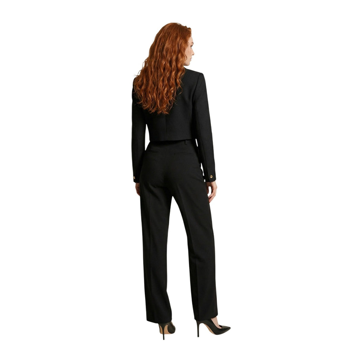 Morgan De Toi VESPA.F Blazer; linea cropped, bottone dorato, 40% poliestere riciclato. Il blazer chic e sostenibile per una silhouette definita. Colore nero. Vista posteriore