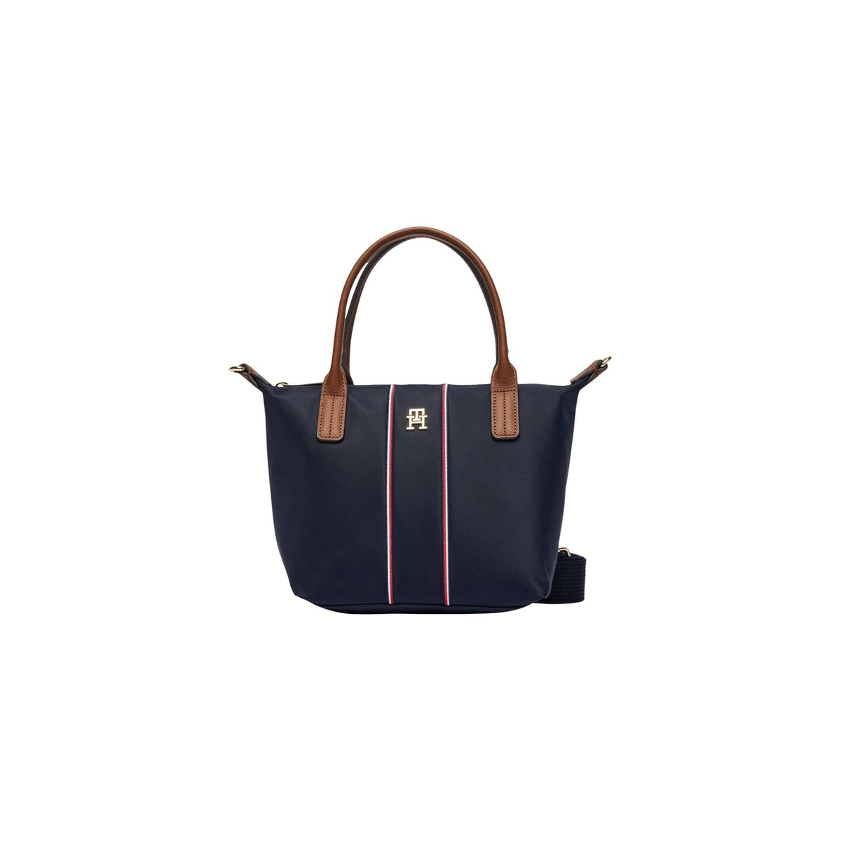 Mini Tote Tommy Hilfiger Blu; Nylon riciclato e Pelle. Chiusura con zip, manici rigidi e tracolla removibile. Dettaglio logo metallico e bande Corporate. Dimensioni 20x11x11 cm. Design iconico e sostenibile. Vista frontale