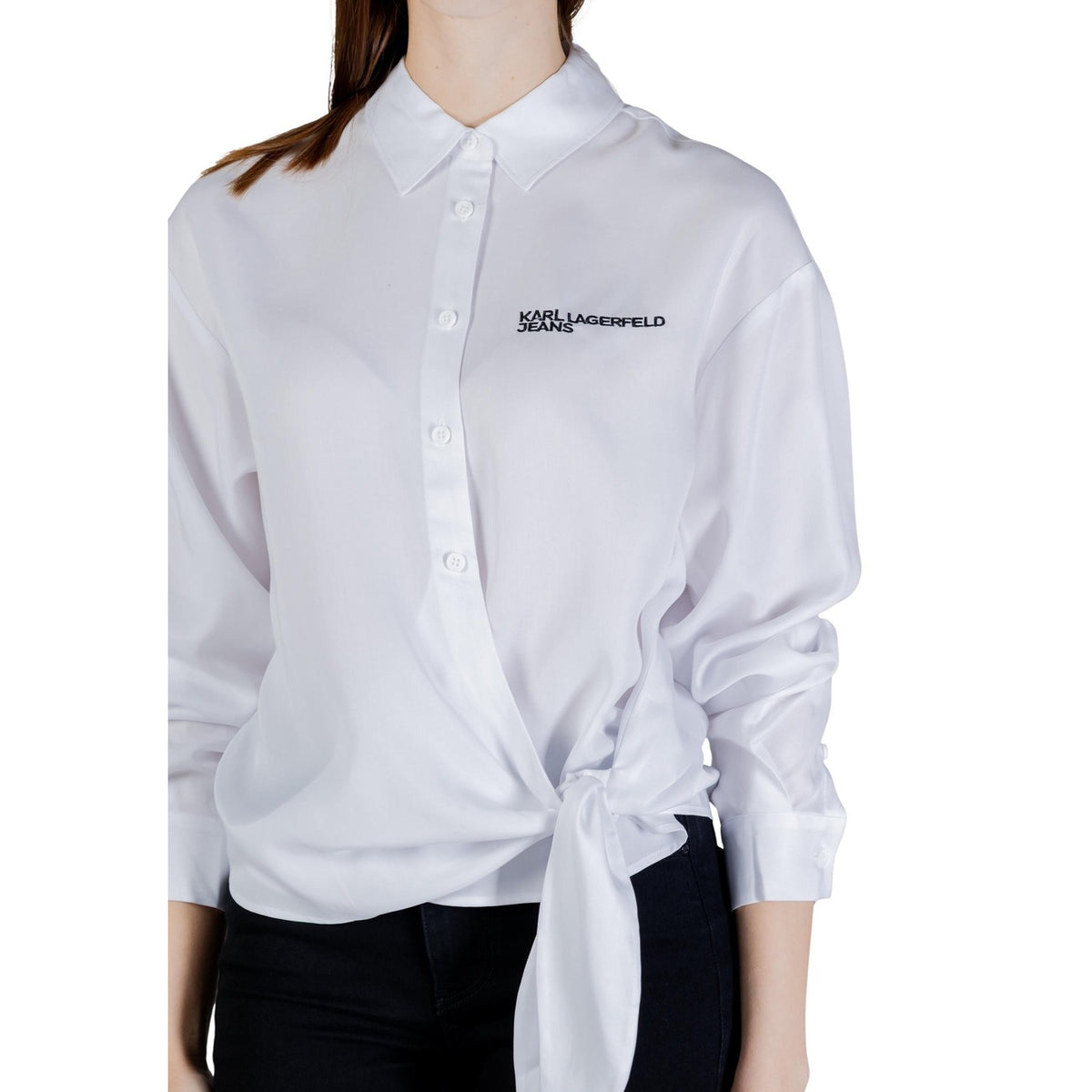 Camicia bianca donna Karl Lagerfeld Jeans modello TIED in lyocell con maniche lunghe e colletto classico